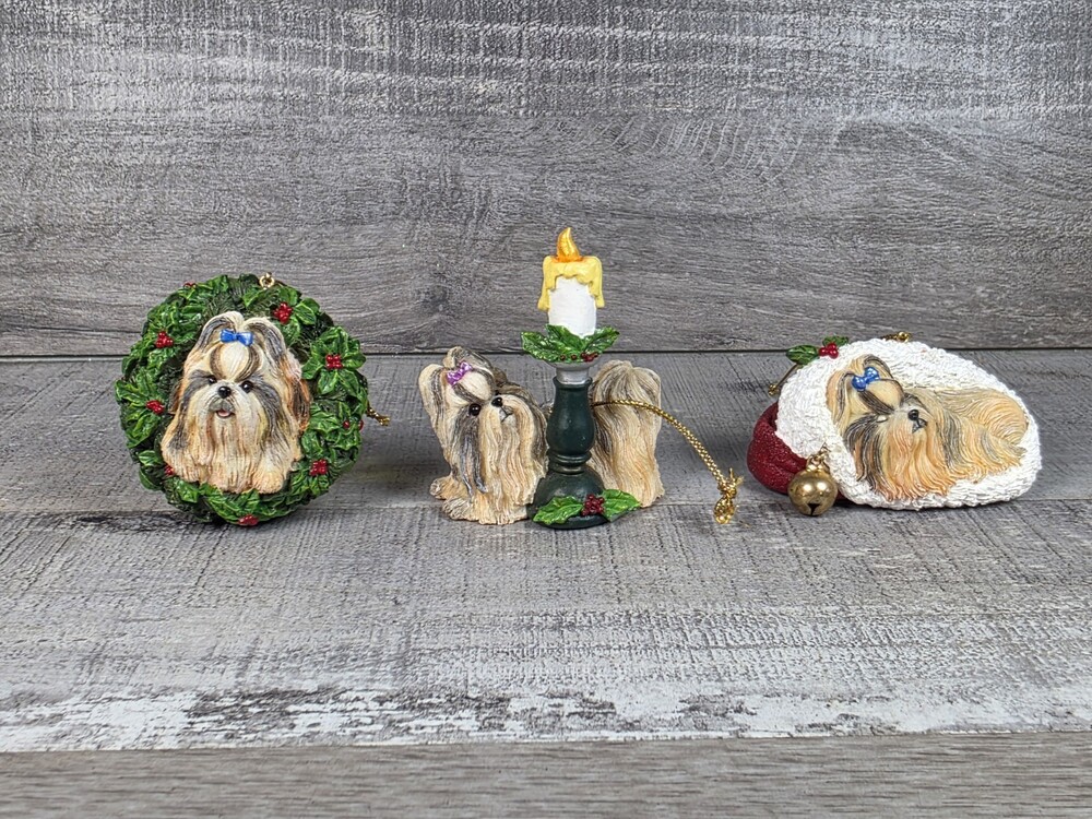 Danbury Mint Shih Tzu Season Christmas Ornament Lot Of 3 Candle Wreath 215d1